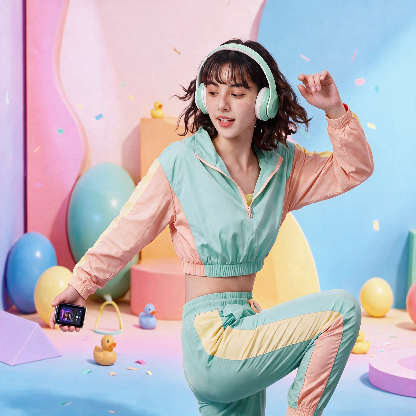 Young Person dancing with the Bilby Music Player hooked up to Bluetooth Headphones