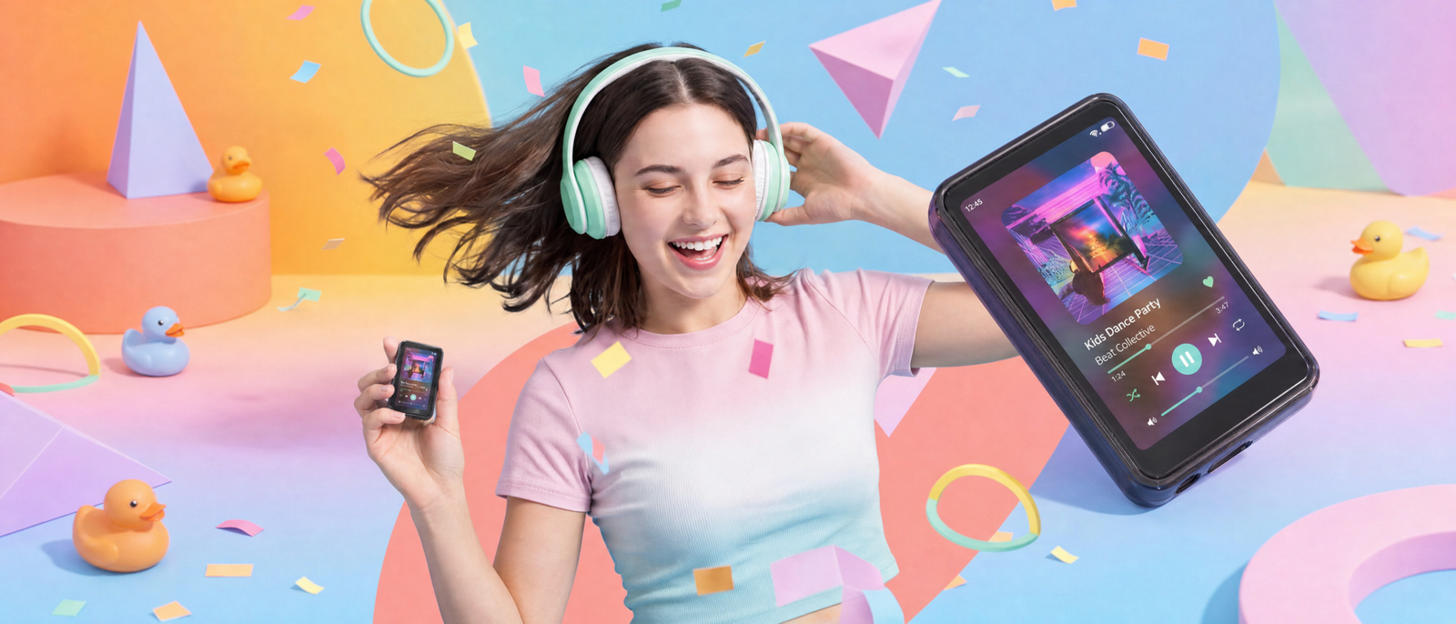 Bilby Music Player Hero Image - Young Person dances while a closeup of the Bilby music player sits right of screen